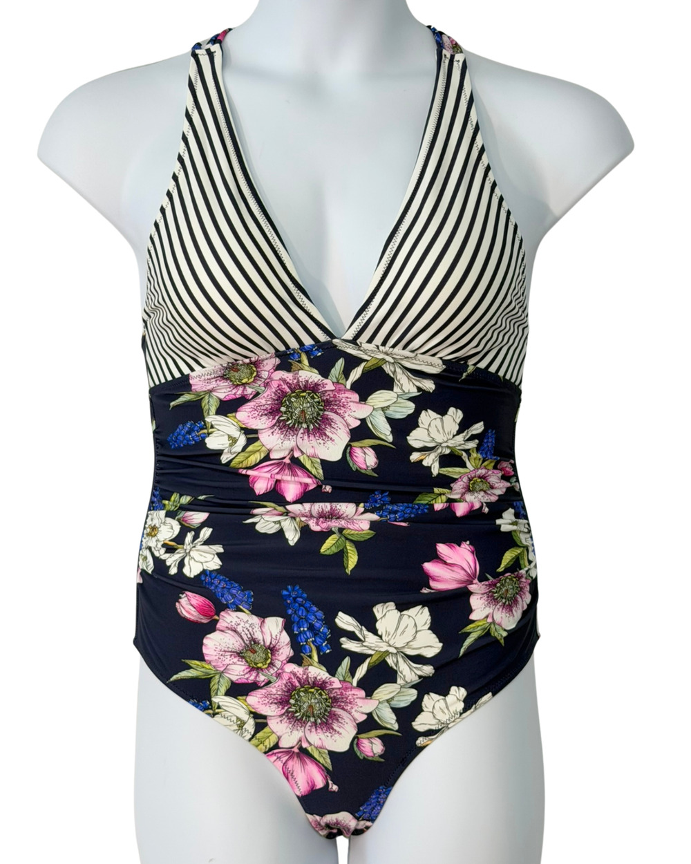 Cupshe Sz M 1 Pc Swimsuit Plunge V-Neck Ruched Stripes & Botanic Floral New